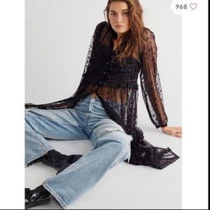 NWOT Free People Black Lace maxi dress with embroidered red floral pattern sizeS